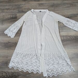Sheer Lace Trim Kimono Cover-Up in White